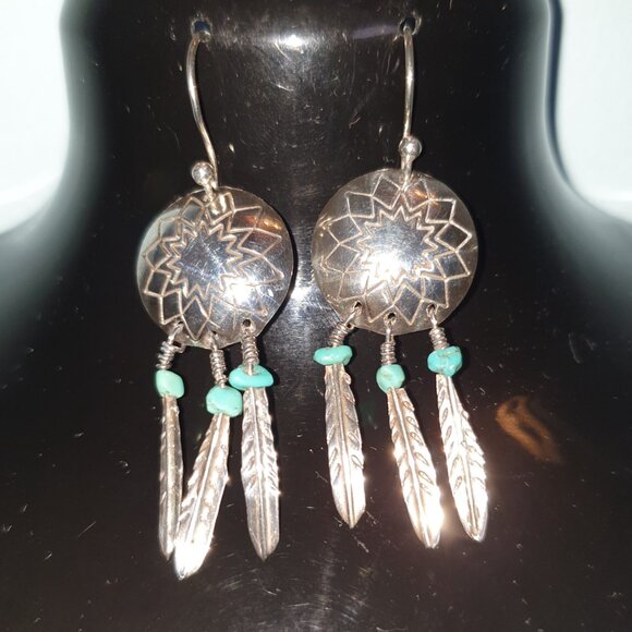 Navajo Dreamcatcher Feather Turquoise Sterling Silver Earrings - Native American - Picture 4 of 11